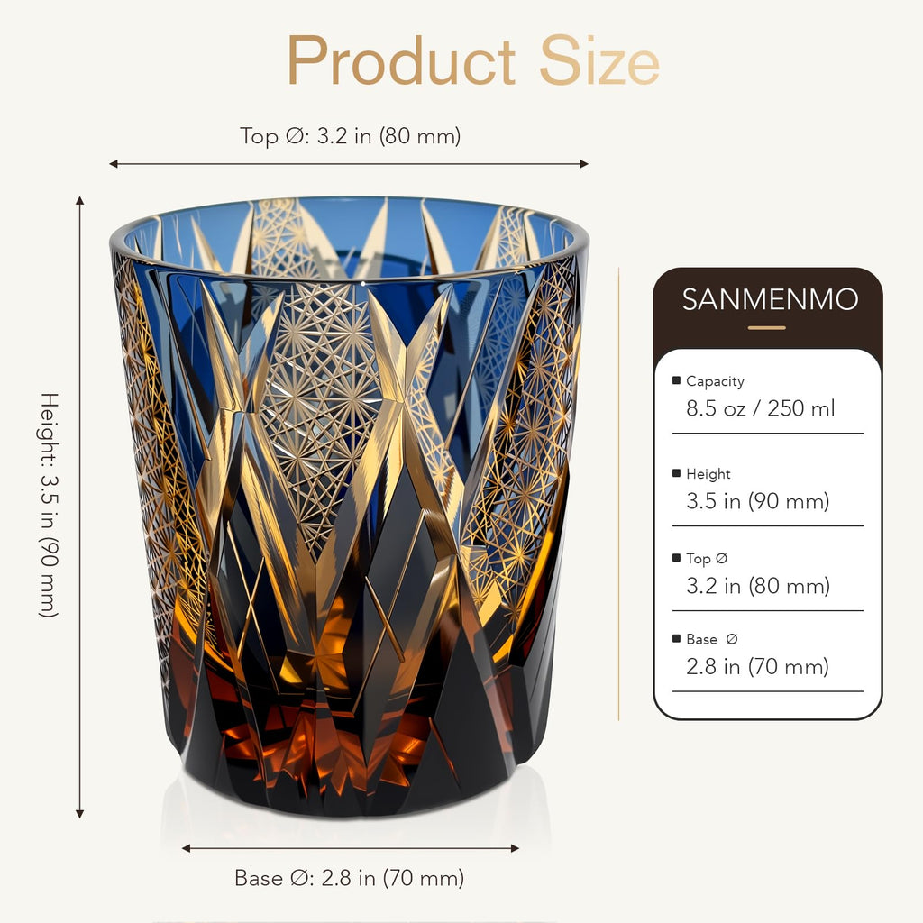 SANMENMO Edo Tokyo Kiriko Style Whiskey Glass – Handmade Crystal Tumbler for Bourbon, Scotch & Cocktails | Cut Glass Design, 8.5Oz | Japanese Old Fashioned Glass, Gift for Men&Women