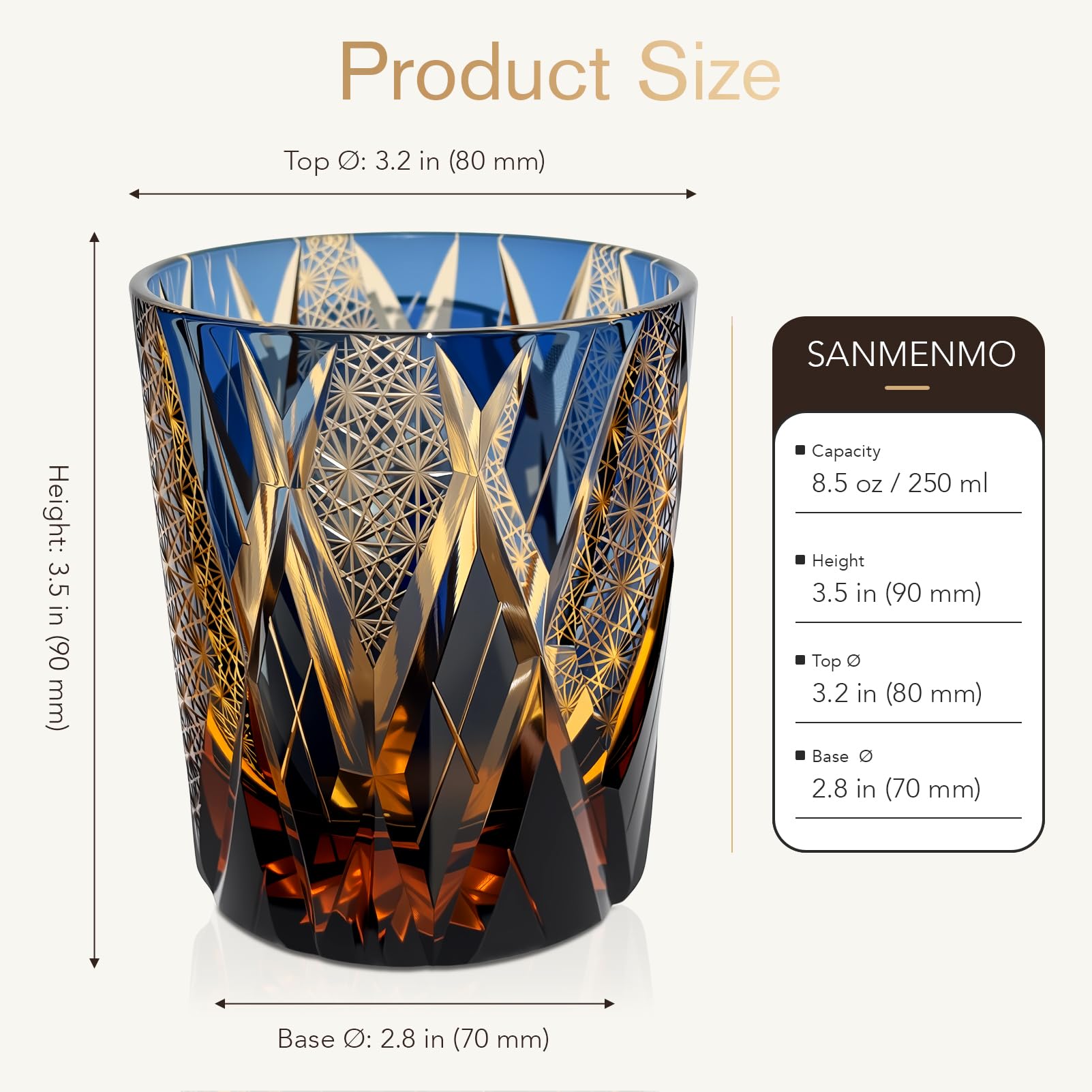 SANMENMO Edo Tokyo Kiriko Style Whiskey Glass – Handmade Crystal Tumbler for Bourbon, Scotch & Cocktails | Cut Glass Design, 8.5Oz | Japanese Old Fashioned Glass, Gift for Men&Women