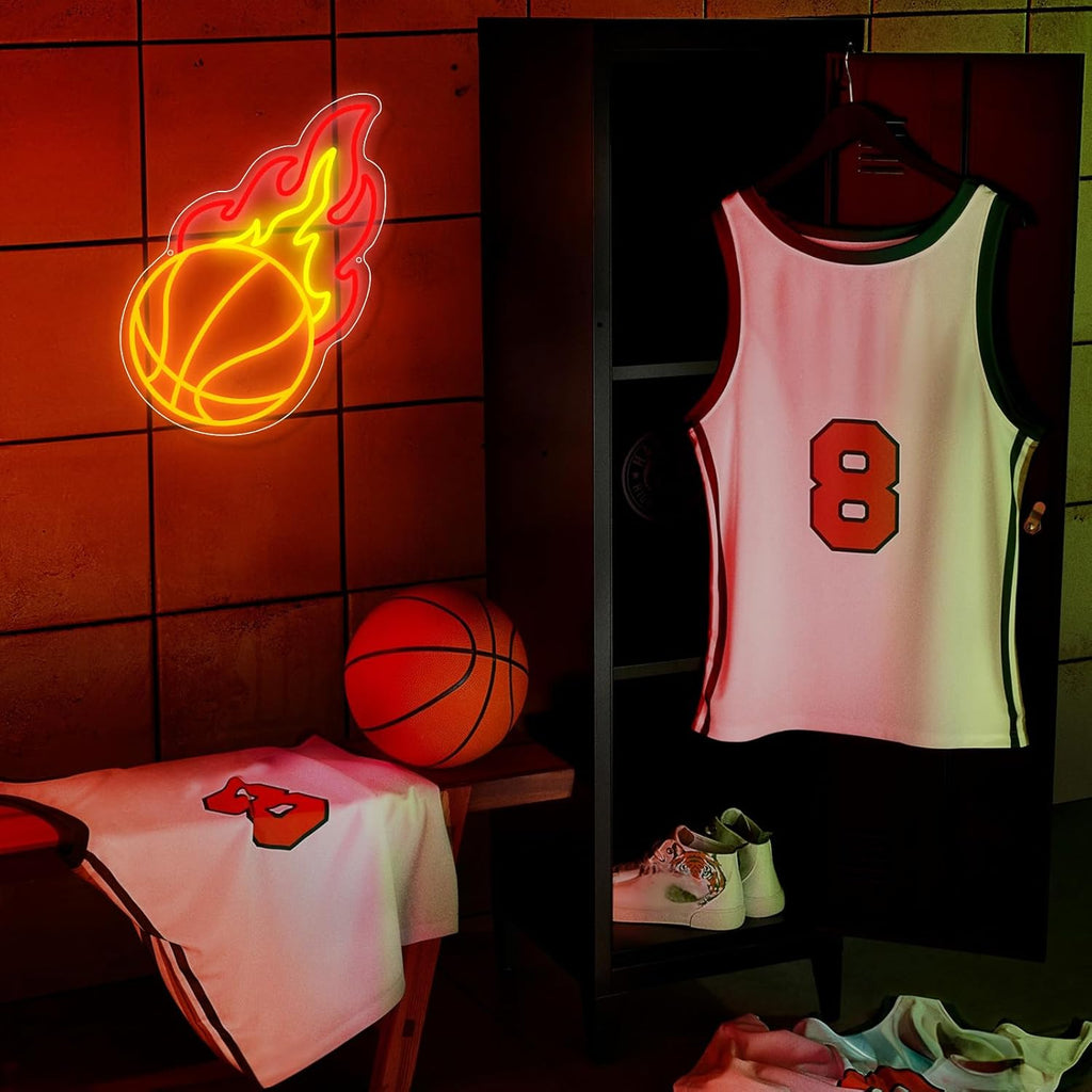 Skiennix Basketball Neon Sign - Dimmable LED Flame Light for Boys' Bedroom | Orange, Red, Yellow Decor