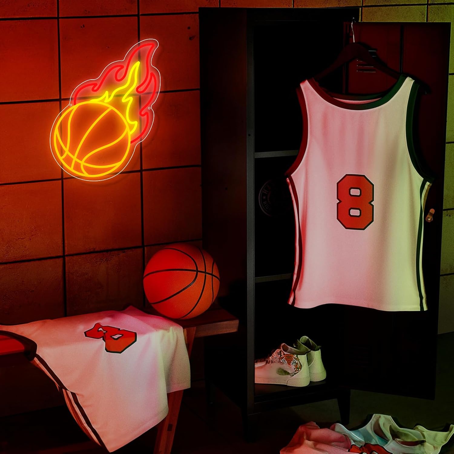 Skiennix Basketball Neon Sign - Dimmable LED Flame Light for Boys' Bedroom | Orange, Red, Yellow Decor