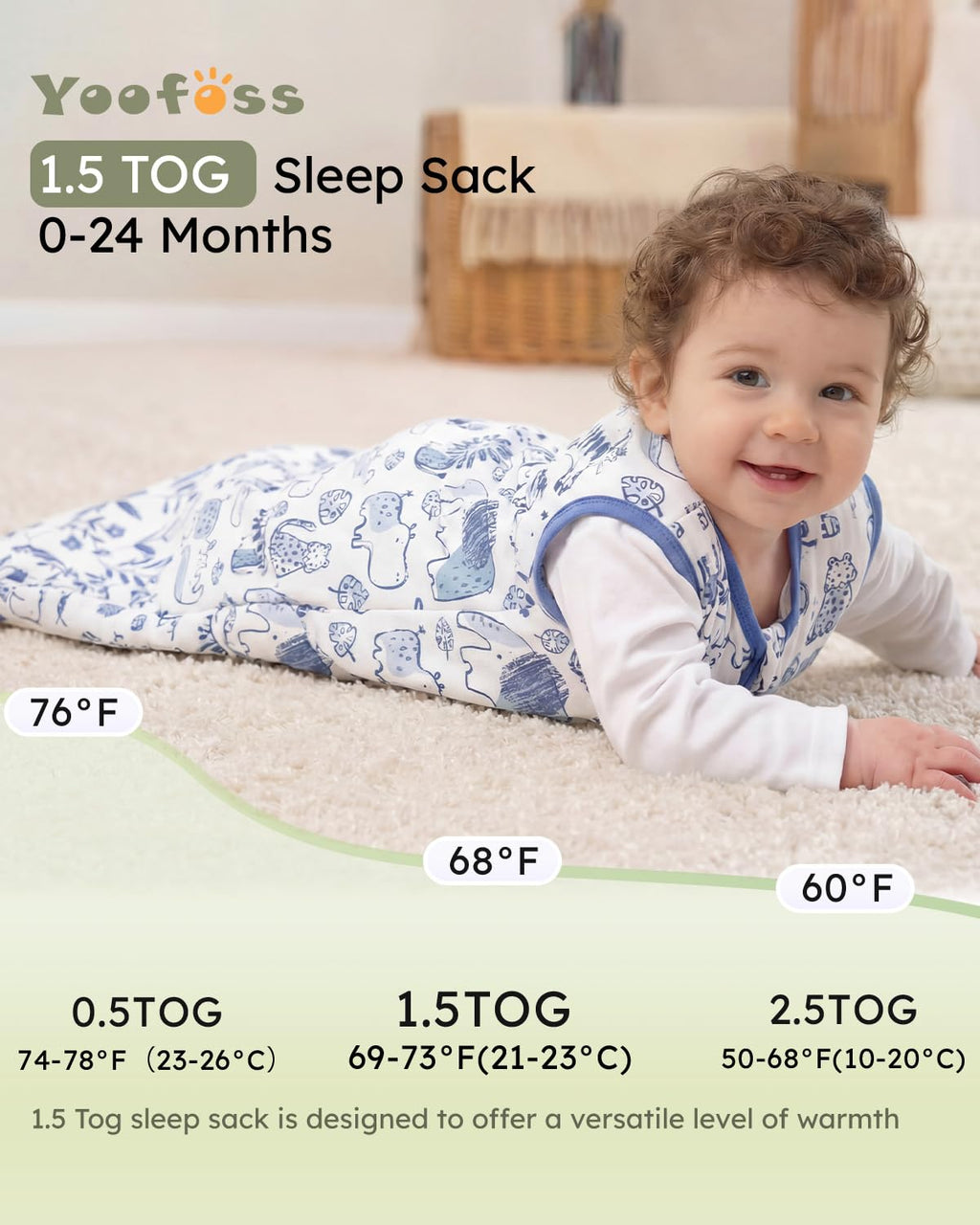 Yoofoss Baby Sleep Sack - 1.5 Tog Wearable Blanket for 12-18 Months | 100% Organic Cotton, Warm & Comfy