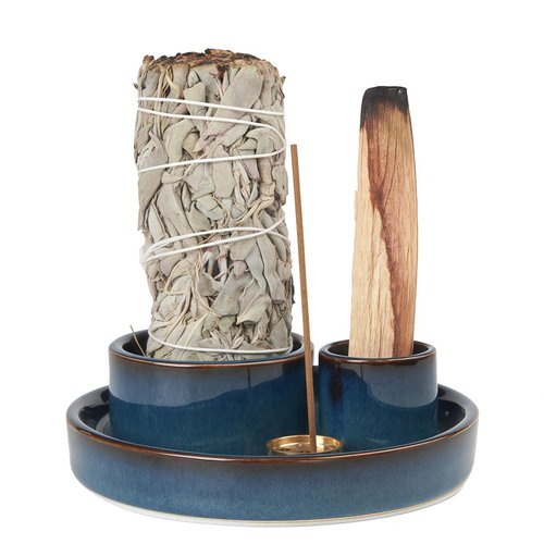 Fancy Lemon 4 in 1 Incense Holder, Palo Santo Stick Holder,Sage Holder for Burning- 4.25" Sage Incense Holder for Meditation Room Home Decor (Blue Reactive)