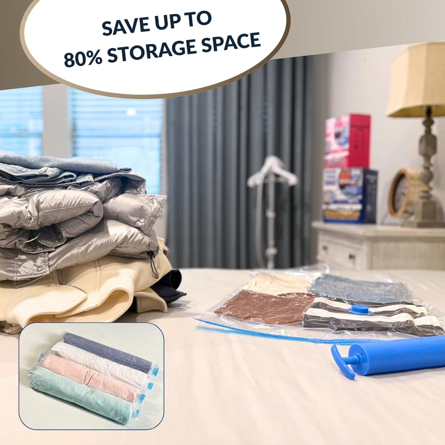 Skiennix 35 Pack Vacuum Storage Bags - Compression Space Saver for Bedding & Clothing | Hand Pump Included