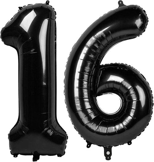 Black Number 16 Balloon - 40 Inch Giant Foil Balloon for 16th Birthday Party Decorations