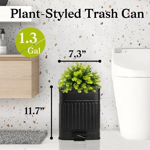 Tegneo Small Trash Can with Lid, Plant-Styled Outdoor Dog Poop Trash Can Outside, Farmhouse Retro Metal Garbage Can for Bathroom Office, Dog Waste Container with Pedal, Soft Close, 5L/1.3 Gal, Black