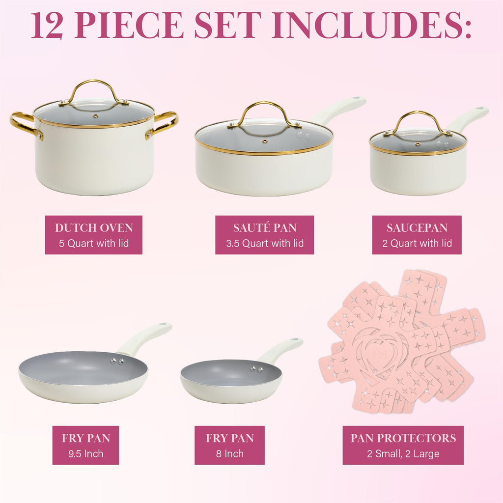 Paris Hilton Epic Nonstick Pots and Pans Set, Multi-layer Nonstick Coating, Tempered Glass Lids, Soft Touch, Stay Cool Handles, Made without PFOA, Dishwasher Safe Cookware Set, 12-Piece, Cream