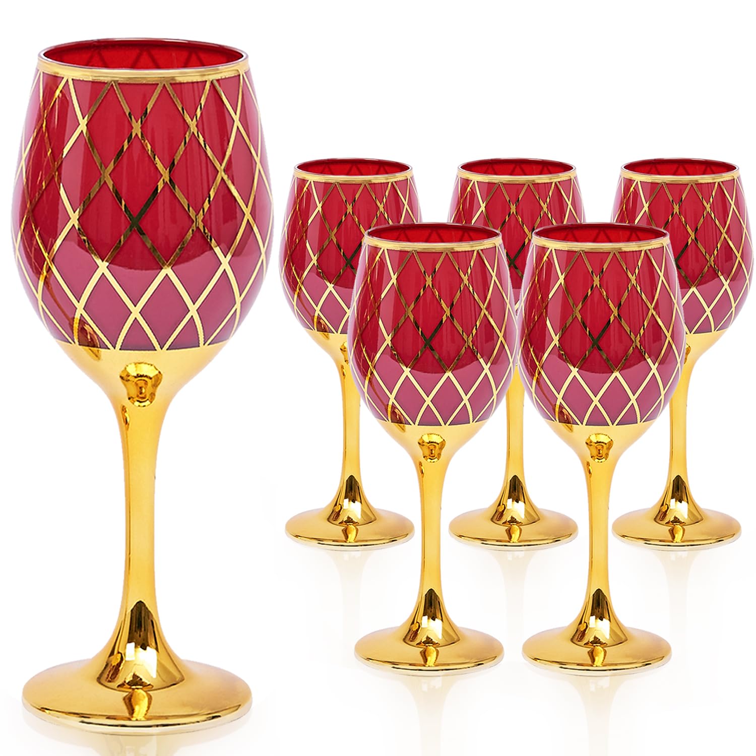 CretFine Red and Gold Wine Glasses Set of 6, Colored Stemmed and Rimmed Decorative Fancy Drinking Glass, for Gifts, Wedding, Thanksgiving, Birthday, Christmas Goblets Glassware Drinkware, 12oz