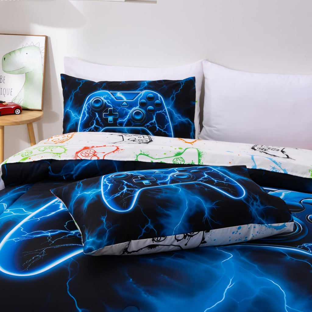 Meeting Story Gamer Comforter Set for Boys, 3D Game Controller Design Boys Twin Bedding Sets, 5 Pieces Gaming Bed Set for All Seasons, Lightweight Soft Twin Comforter Set(Blue)