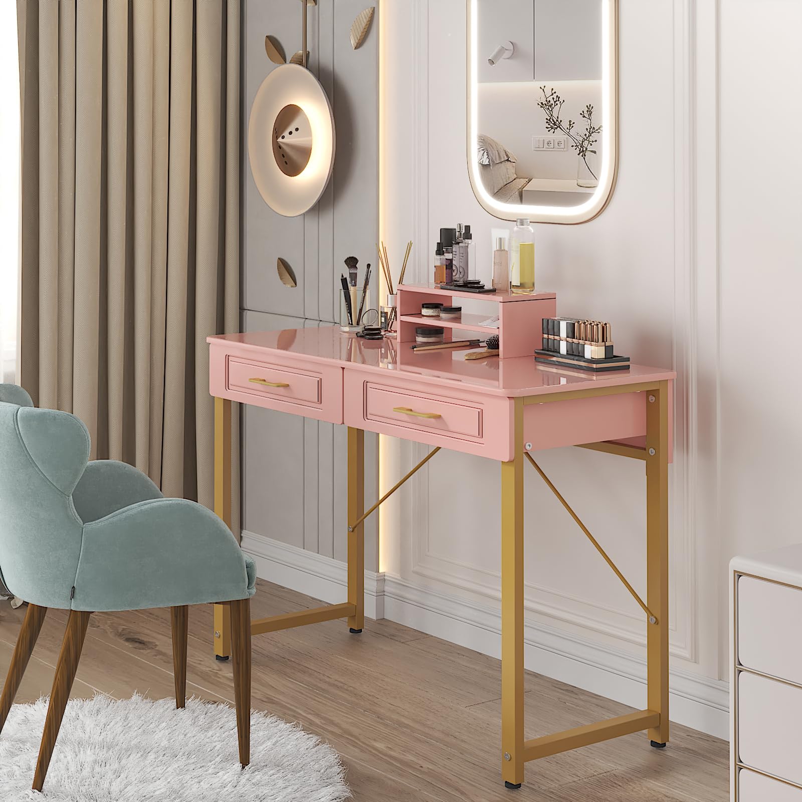 WESTREE Vanity Desk with 2 Drawers and Storage Shelf, Modern Makeup Table with Glossy Desktop, Gold Metal Frame Writing Desk for Bedroom or Home Office, No Mirror