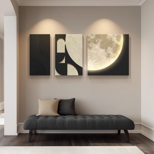 3D Textured Wall Art by [Brand Name] - Black and White Abstract Moon Design with LED Lights | 3-Piece Modern Paintings for Living Room, Hallway, Bedroom