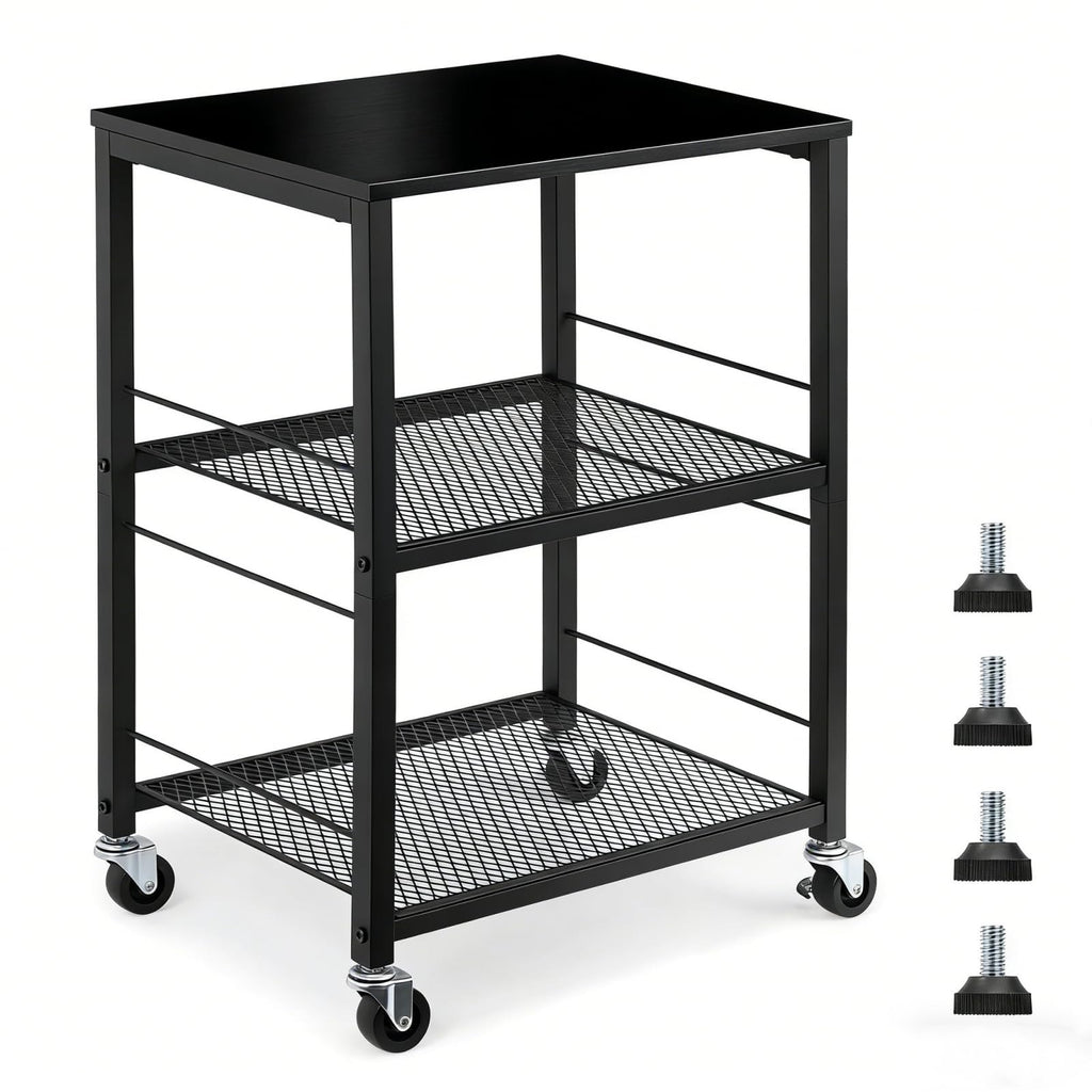MOOACE 3 Tier End Table with Wheel, Rolling Storage Shelf Side Table Nightstand for Bedroom Kitchen Living Room Office, Stable Metal Frame and Wood Top, Black
