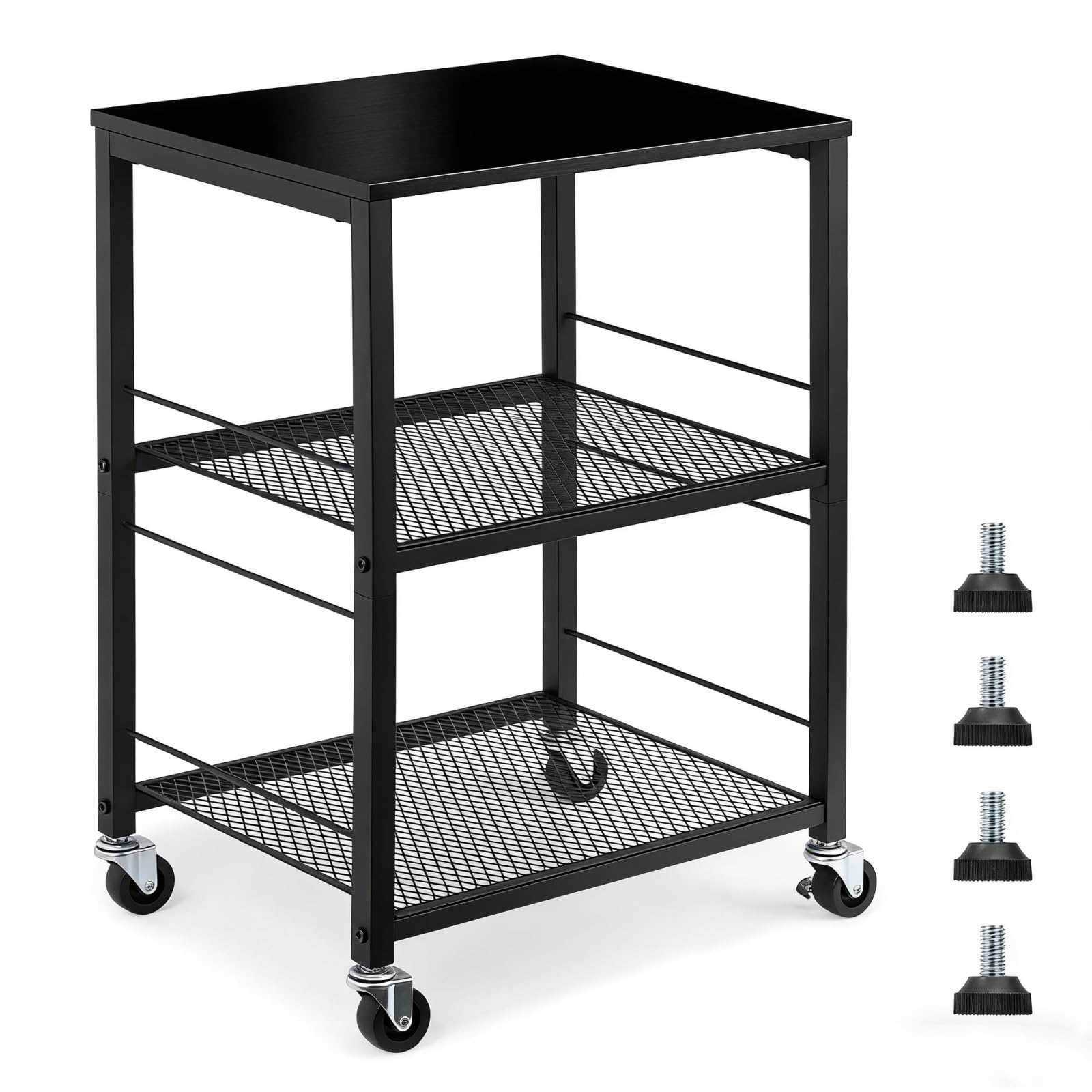 MOOACE 3 Tier End Table with Wheel, Rolling Storage Shelf Side Table Nightstand for Bedroom Kitchen Living Room Office, Stable Metal Frame and Wood Top, Black