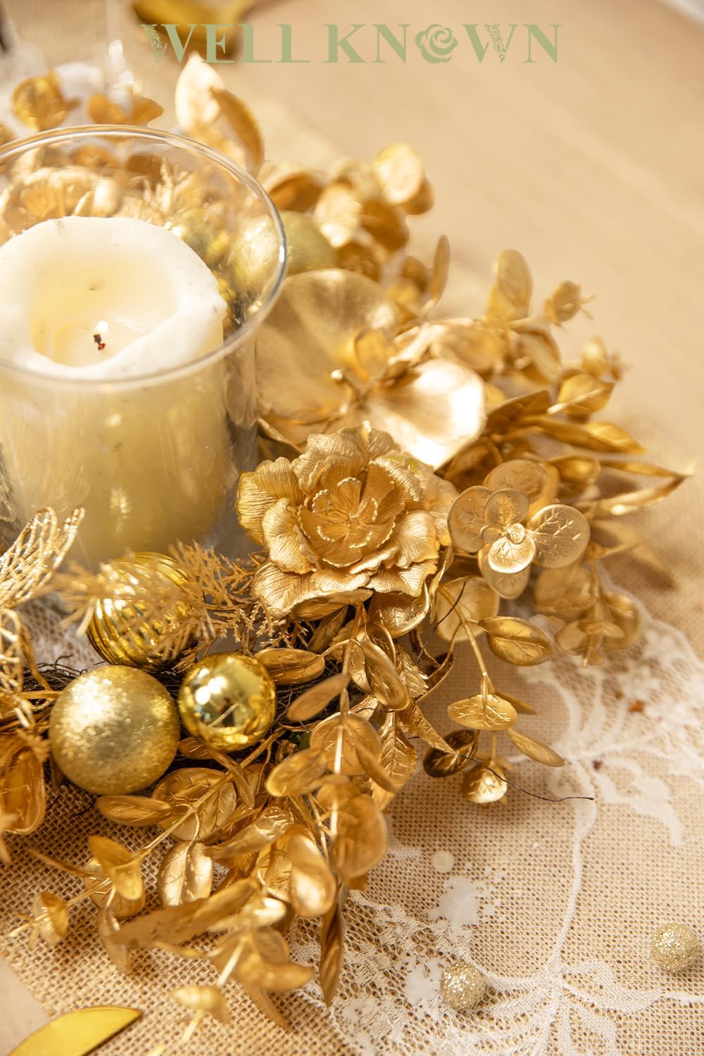 Skiennix Artificial Flower Candle Ring - 12" Gold Orchid & Eucalyptus Wreath for Home Decor | Perfect for Weddings & Centerpieces