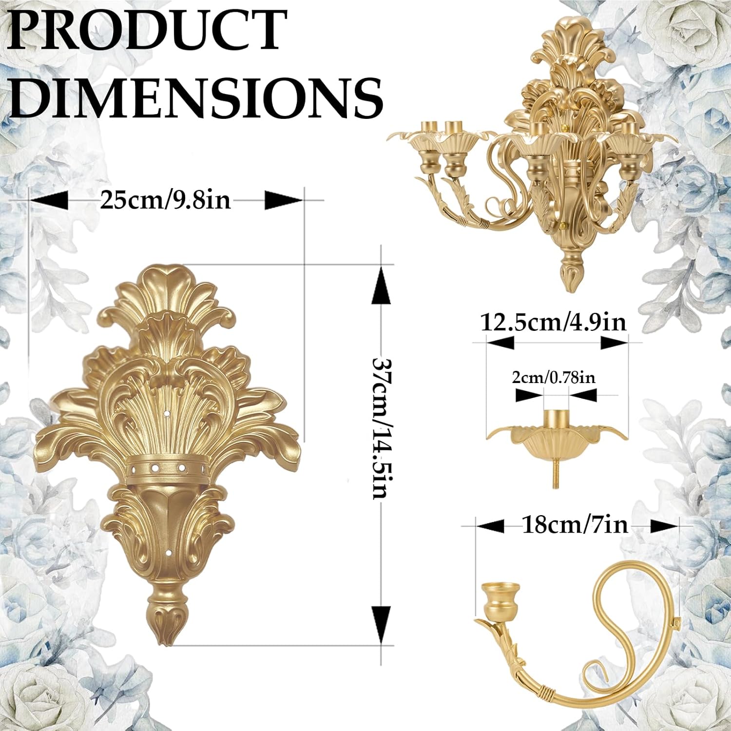 Roman Fountain Wall Sconce - 4-Candle Gold Baroque Candelabra | Antique Metal Wall Mounted Holder for Tapered Candles