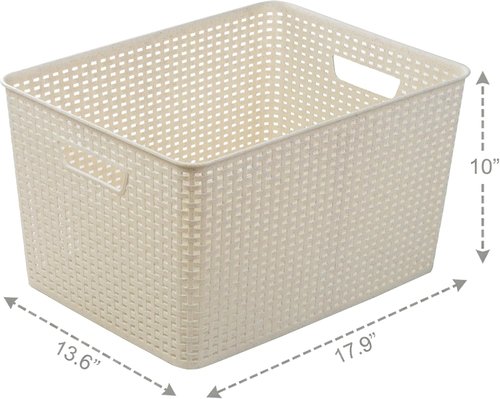 BINO Plastic Storage Baskets - 33 Liter | 3 Pack Natural Woven Baskets for Organizing Shelves