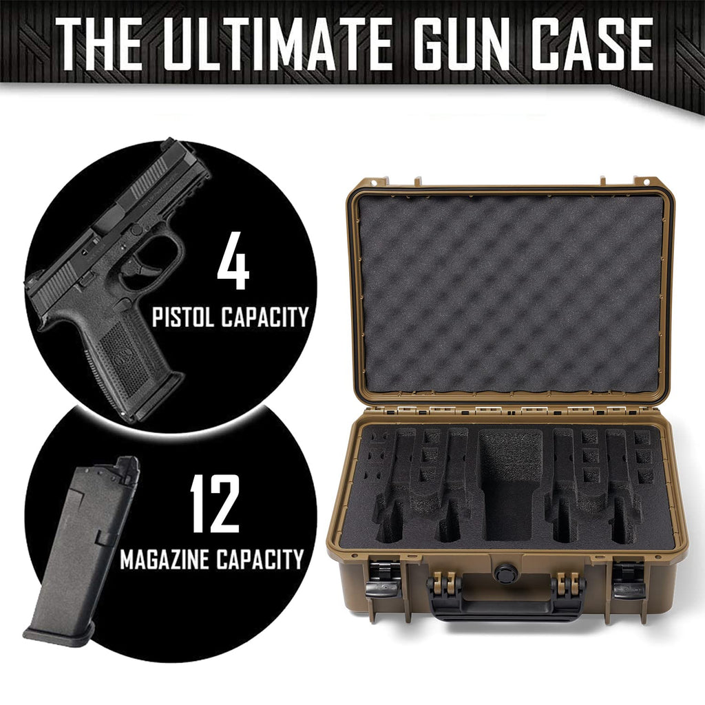 4 Pistol 12 Magazine Doro Gun Case with Custom MyCaseBuilder Foam Insert - Waterproof, Heavy Duty - Tactical Firearms, Ammunition, and Accessory Holder - Sahara Case x Black Foam - 18 x 14 x 7 Inches