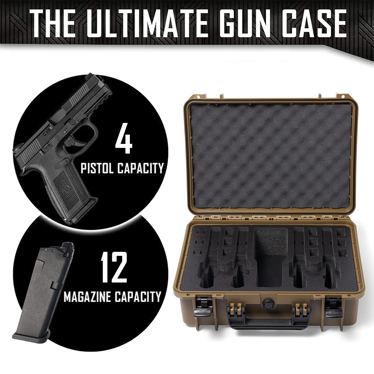 4 Pistol 12 Magazine Doro Gun Case with Custom MyCaseBuilder Foam Insert - Waterproof, Heavy Duty - Tactical Firearms, Ammunition, and Accessory Holder - Sahara Case x Black Foam - 18 x 14 x 7 Inches