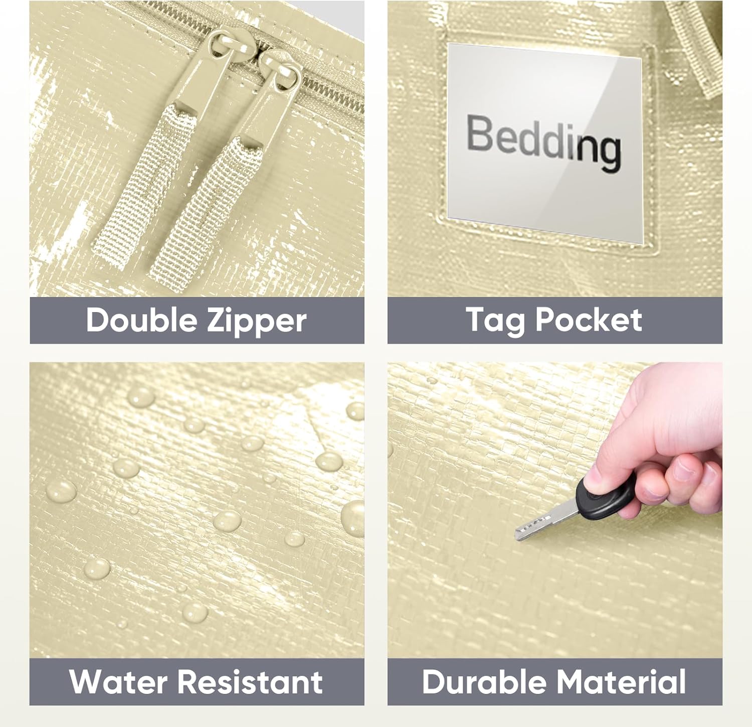 TICONN Extra Large Heavy-Duty Moving Bags - Durable Storage with Zippers & Handles | 6 Pack, Cream