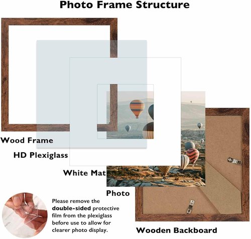 JCJMY 8x8 Picture Frame Set of 6 - Versatile Wall Hanging & Tabletop Display, Deep Brown Wood Finish