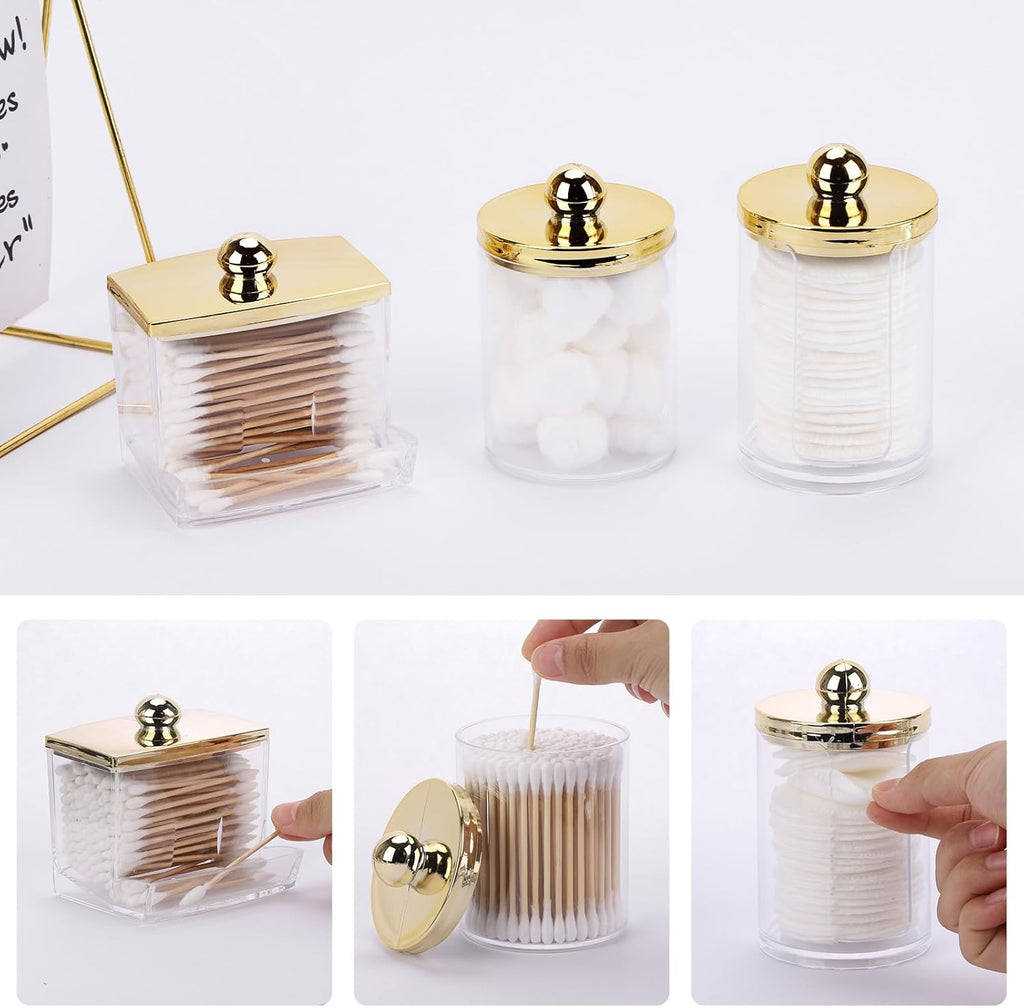 Tbestmax Q-Tips Dispenser | 3-Pack Bathroom Organizer - Plastic Apothecary Jars with Gold Lids