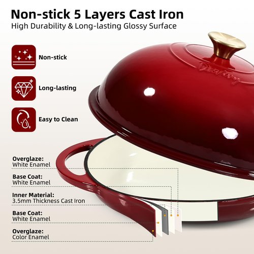 Davivy 6QT Oval Bread Dutch Oven with Silicone Baking Mat, Enameled Cast Iron Dutch Oven for Sourdough Bread Baking 6QT, Cast Iron Sourdough Bread Pan with Domed Lid - Ruby Red