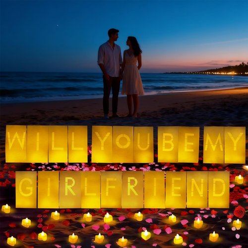 Will You Be My Girlfriend Decorations – Valentine’s Day Surprise Set with Light Up Letters, 30 Tea Light Candles, 2000 Rose Petals, 10 Balloons – Luminary Bags for Romantic Setup