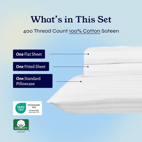 California Design Den Twin Sheet Set - 100% Cotton, 400 Thread Count, Silky Smooth Sateen, Striped White