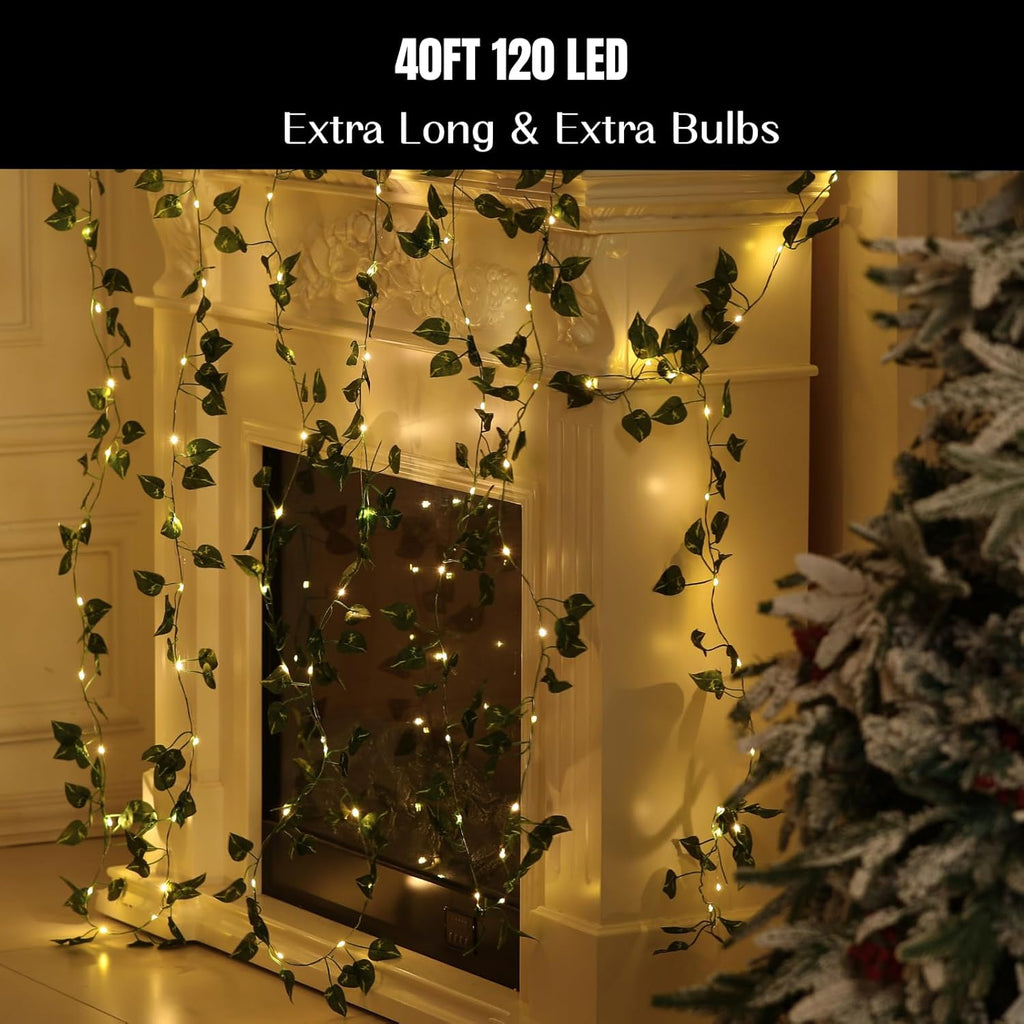 Skiennix 40ft LED Vine String Lights - 120 Fairy Lights with Timer & Remote | USB & Battery Operated - Warm White