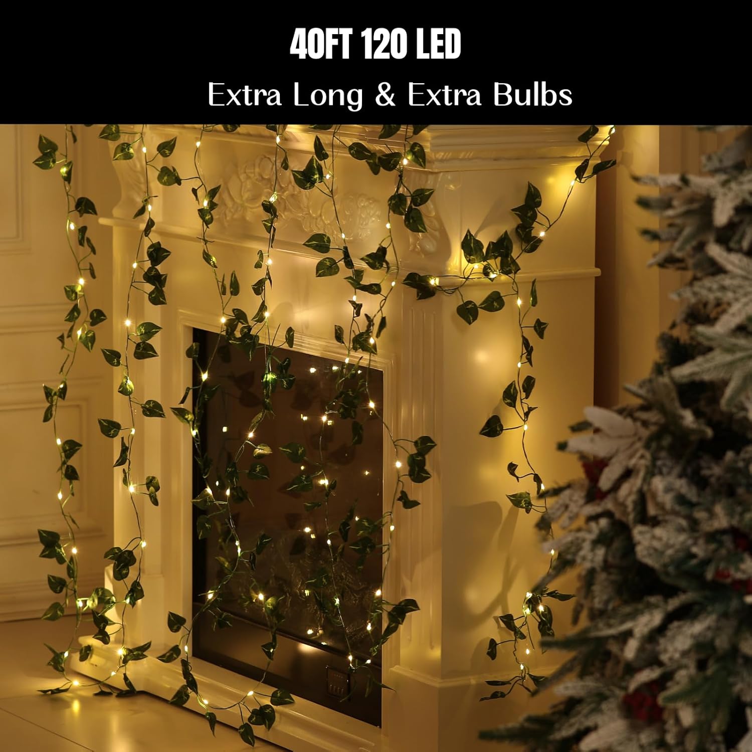 Skiennix 40ft LED Vine String Lights - 120 Fairy Lights with Timer & Remote | USB & Battery Operated - Warm White