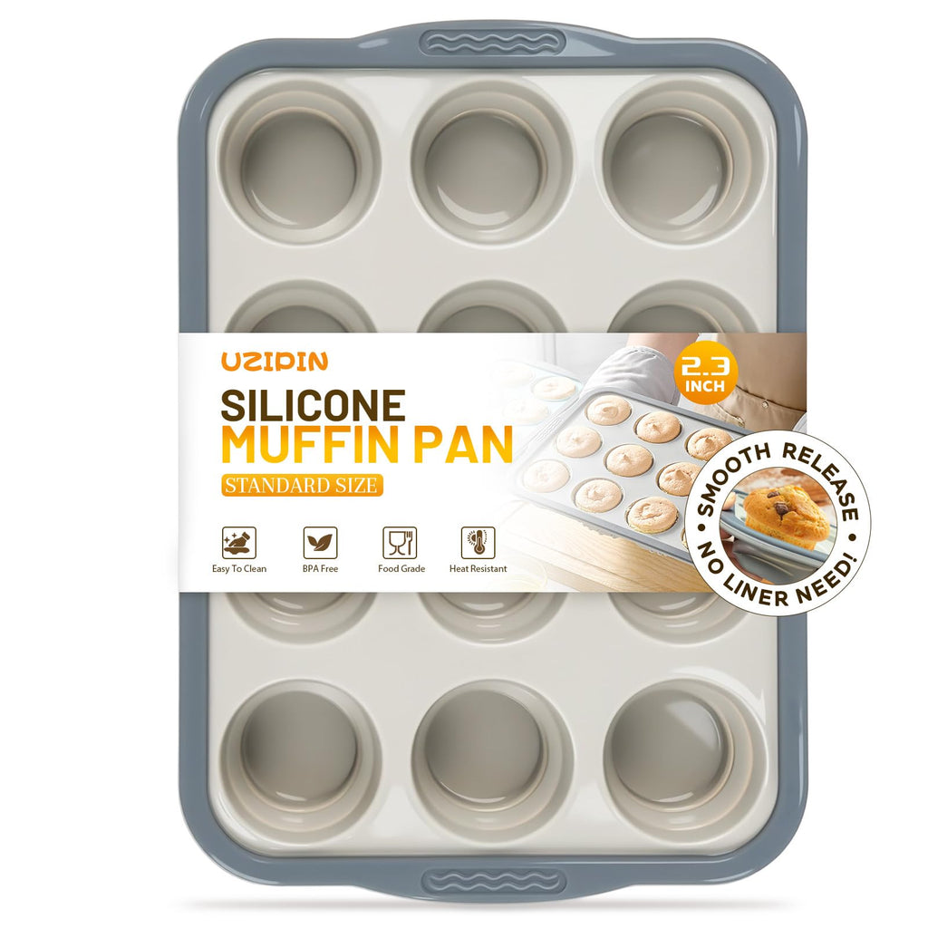 UZIPIN Silicone Muffin Pan, 12 Cups Non-Stick Cupcake Pan, Food-Grade BPA-Free Muffin Tin, Oven-Safe 450 °F, Reinforced Steel Frame, Easy-Grab Handles, Quick-Release 2.3" Baking Molds for Mini Treats