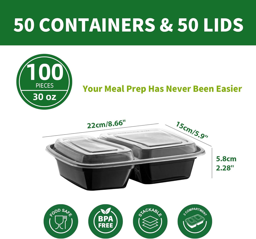 Meal Prep Containers - 50 Pack 30oz 2-Compartment Leakproof BPA-Free Food Storage Boxes