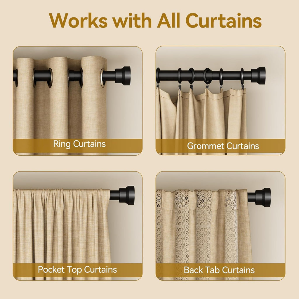 YaFex Curtain Rods - Heavy Duty 1 Inch Adjustable Window Treatment Rods | 32-118 Inch, Modern Black Design