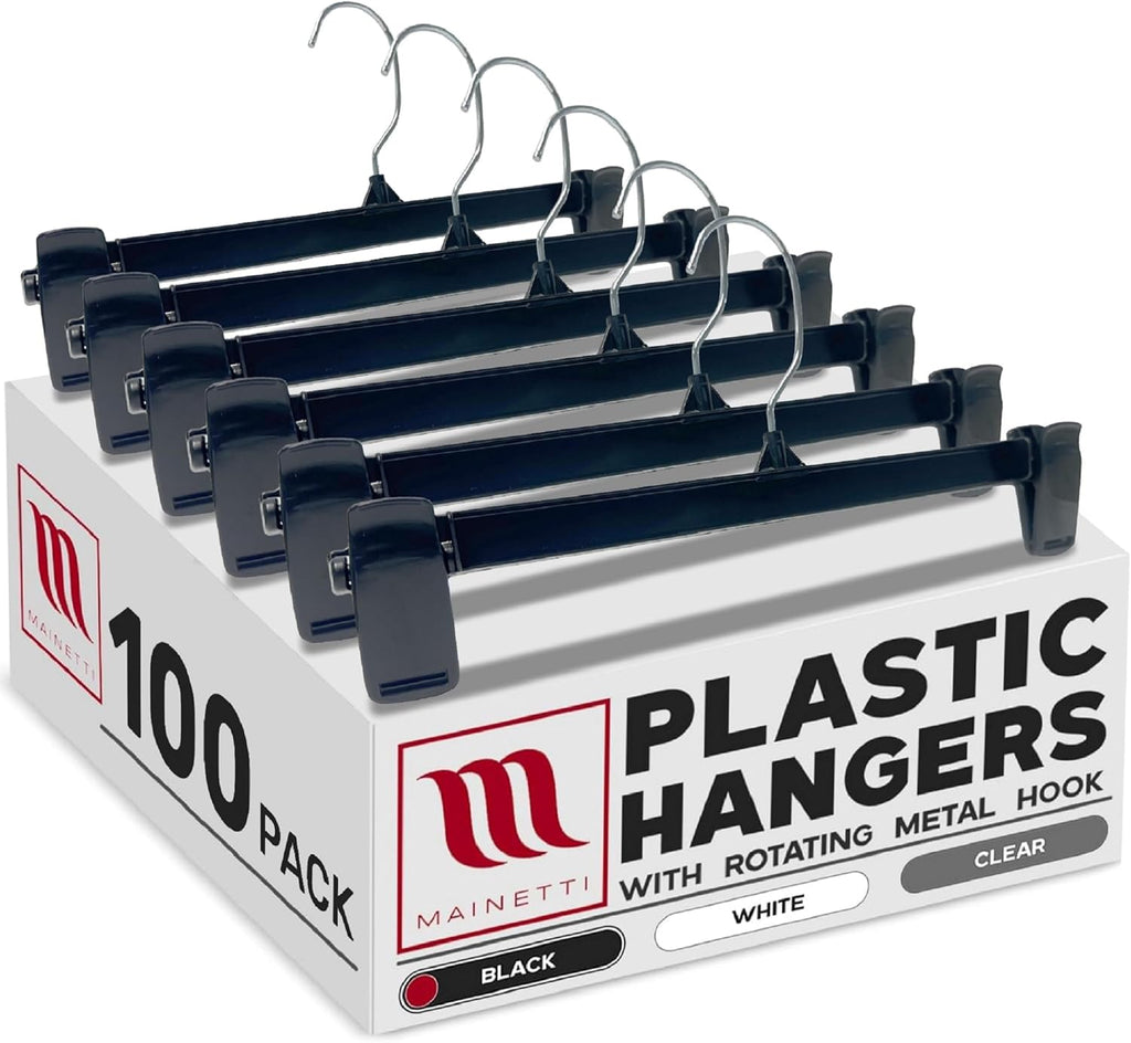 Mainetti Black Plastic Clothes Hangers - 100 Pack | 12-Inch Space-Saving Design with 360° Swivel Hook & Non-Slip Clips | Perfect for Pants, Skirts, and Shorts