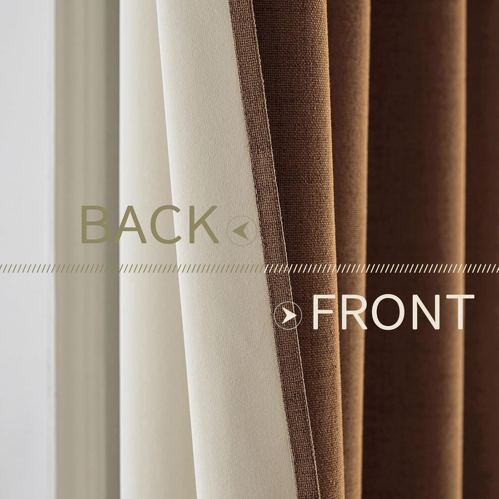 MIULEE Linen Curtains - 100% Blackout Thermal Insulated Drapes | Brown Grommet 52 x 54 Inch (2 Panels)