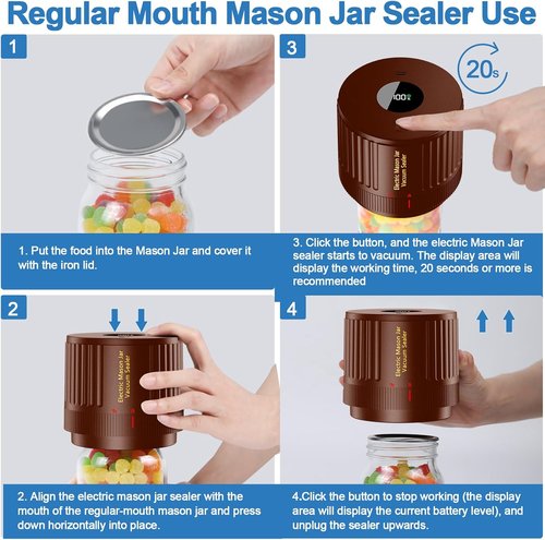 LOVE MOMENT Electric Mason Jar Vacuum Sealer Kit - Ideal for Wide & Regular Mouth Jars - Brown
