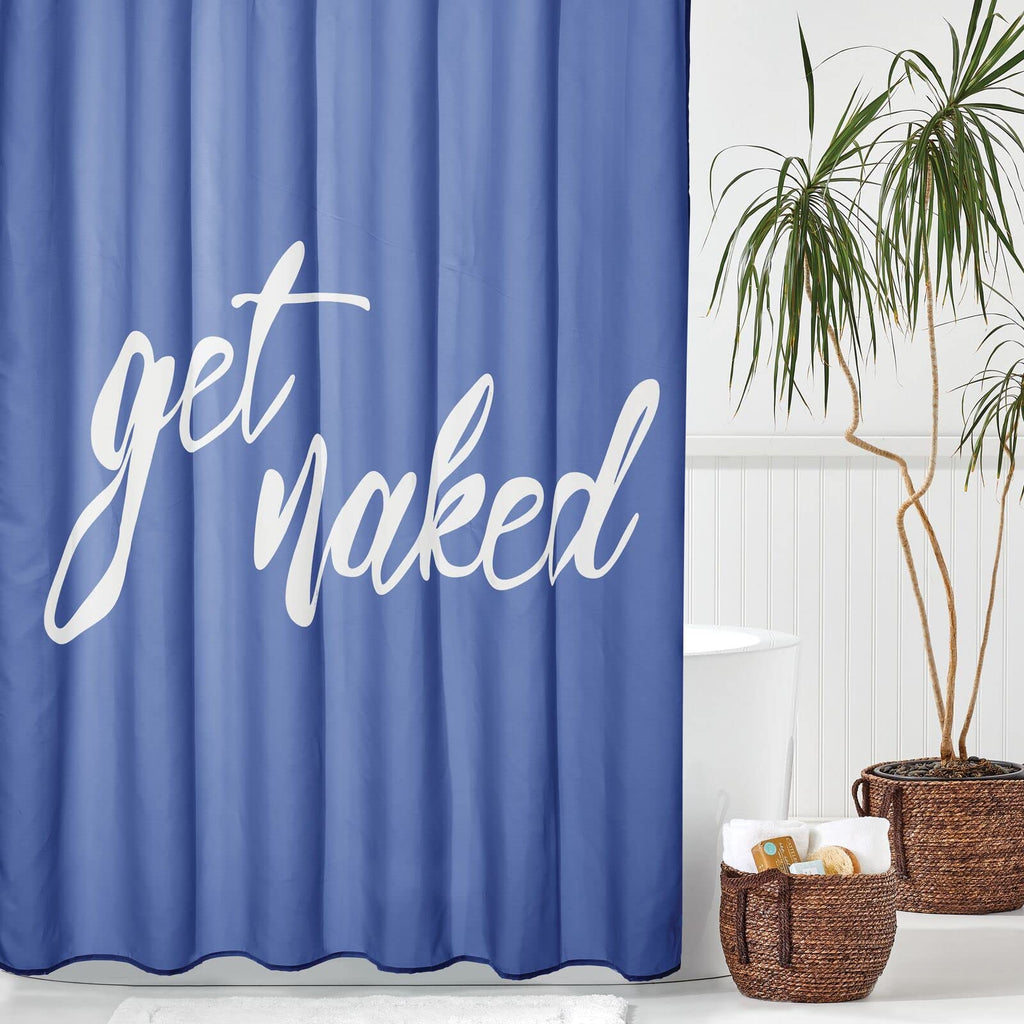 mDesign Decorative Get Naked Print - Easy Care Fabric Shower Curtain with Reinforced Buttonholes, for Bathroom Showers, Stalls and Bathtubs, Machine Washable - 72" x 84" - Navy Blue/White