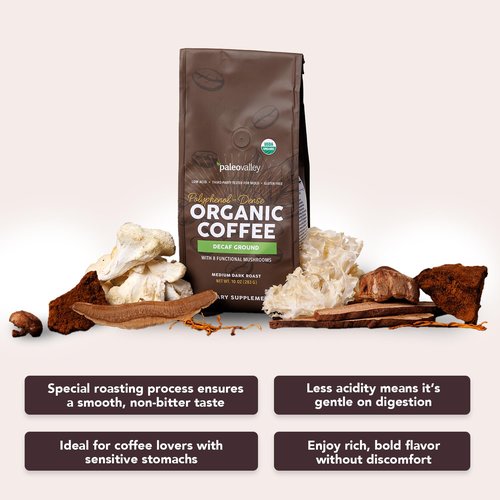 Paleovalley Organic Ground Coffee, 10oz - Decaf, Low Acid, Single-Origin, Polyphenol-Rich, Infused with Mushrooms