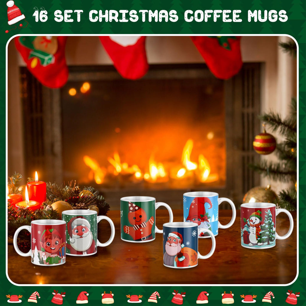 Tioncy Set of 16 Christmas Coffee Mugs Bulk 11 oz Holiday Ceramic Mugs Set with Handles Santa Xmas Tree Snowman Ceramic Coffee for Women Men Christmas Gifts Hot Tea Coffee