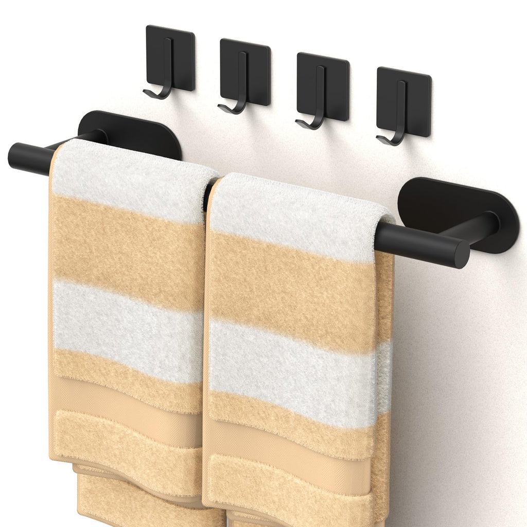 Batur 5 Pack Towel Holder, Towel Racks for Bathroom Self Adhesive, 16" Towel Bar with 4 Pack Towel Hooks, Premium Hand Towel Holder, Heavy Duty Towel Hanger Shower Rack Wall Mounted, Black