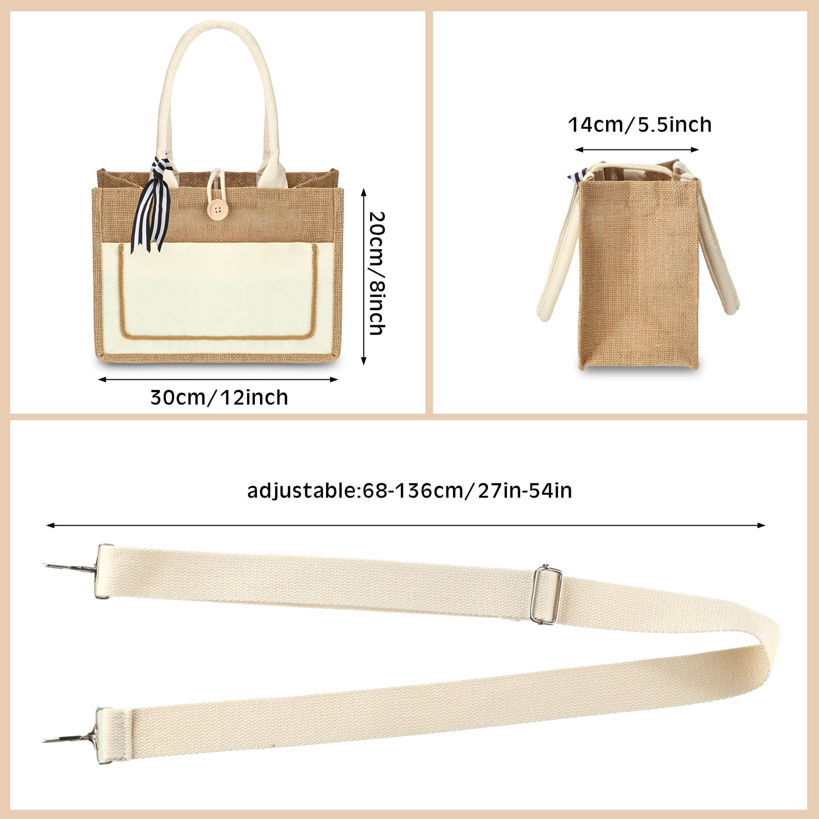 Silkfly 12 Pack Burlap Tote Bags Bulk, Jute Canvas Gift Bags with Handles, 12x 8x 5.5 Inch Reusable Waterproof Beach Bag for Wedding Bridesmaids Teacher Appreciation Gift Graduation Favor(White)