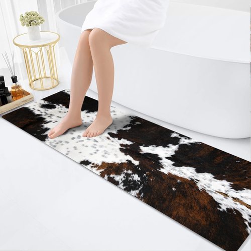 MUGINYU Cowhide Cow Print Long Bath Mat 20x63inch, Western Bathroom Runner Rug for Farmhouse Cowboy Decor,Large Quick Dry Absorbent Non-Slip Narrow Shower Rug for Bedroom Hallway Kitchen
