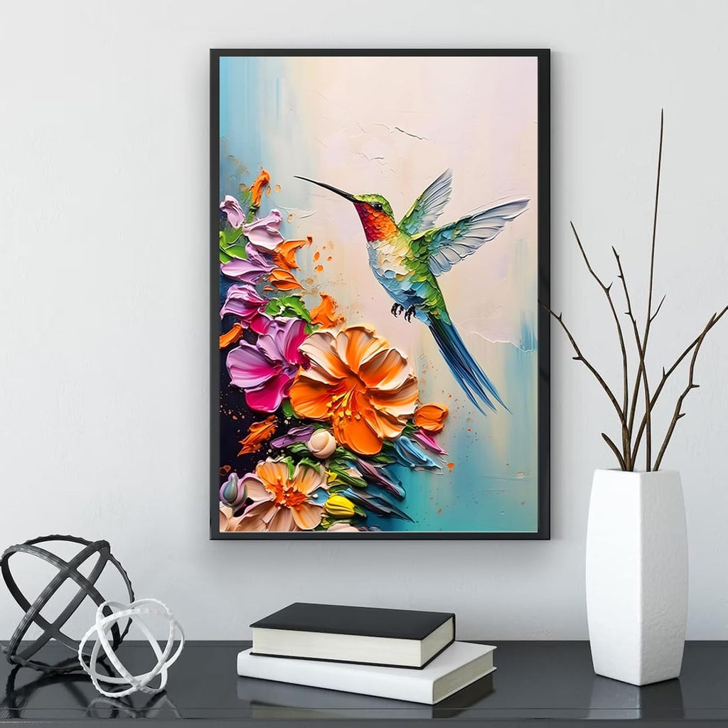 Skiennix Hummingbird Wall Art - Colorful 2D Canvas Print with Spring Flowers | 16x24 in Stretched Frame