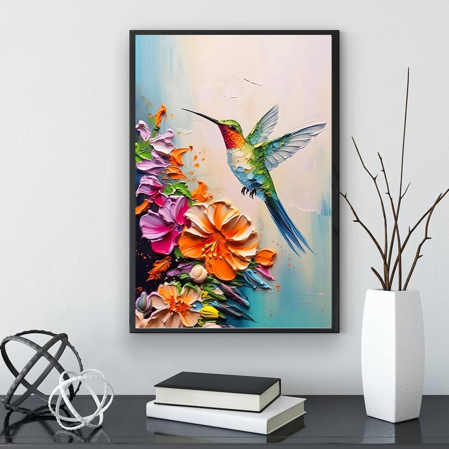 Skiennix Hummingbird Wall Art - Colorful 2D Canvas Print with Spring Flowers | 16x24 in Stretched Frame