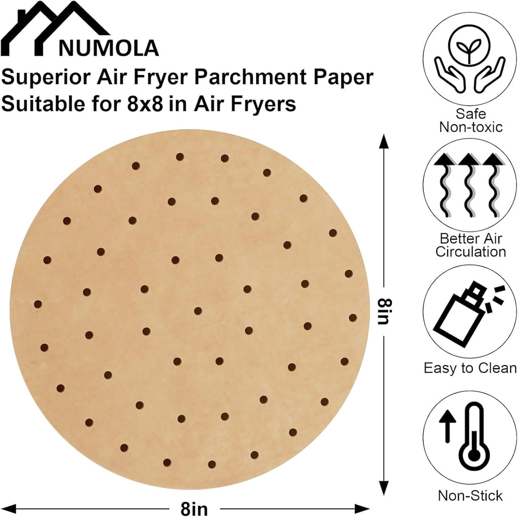 Numola Air Fryer Parchment Paper Liners - 8 Inch Non-Stick Disposable Baking Sheets | 100 Pre-Cut Liners for 3.5-6QT