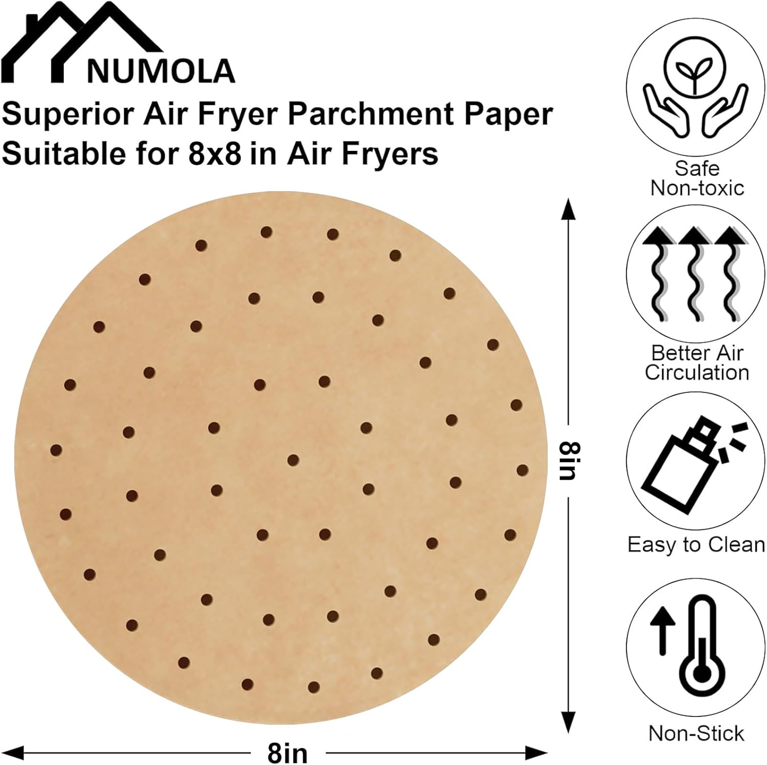 Numola Air Fryer Parchment Paper Liners - 8 Inch Non-Stick Disposable Baking Sheets | 100 Pre-Cut Liners for 3.5-6QT