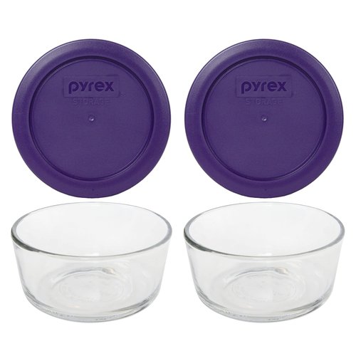 Pyrex (2) 7200 2 Cup Glass Bowls & (2) 7200-PC Plum Purple Food Storage Replacement Lids - Made in USA