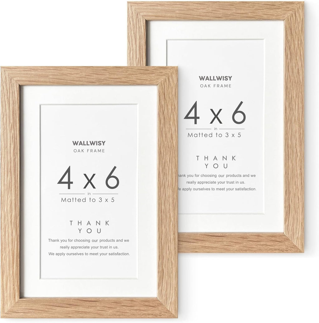 Solid Oak Wood 4x6 Picture Frame Set of 2 - Natural Finish with Mat for 3x5 Photos
