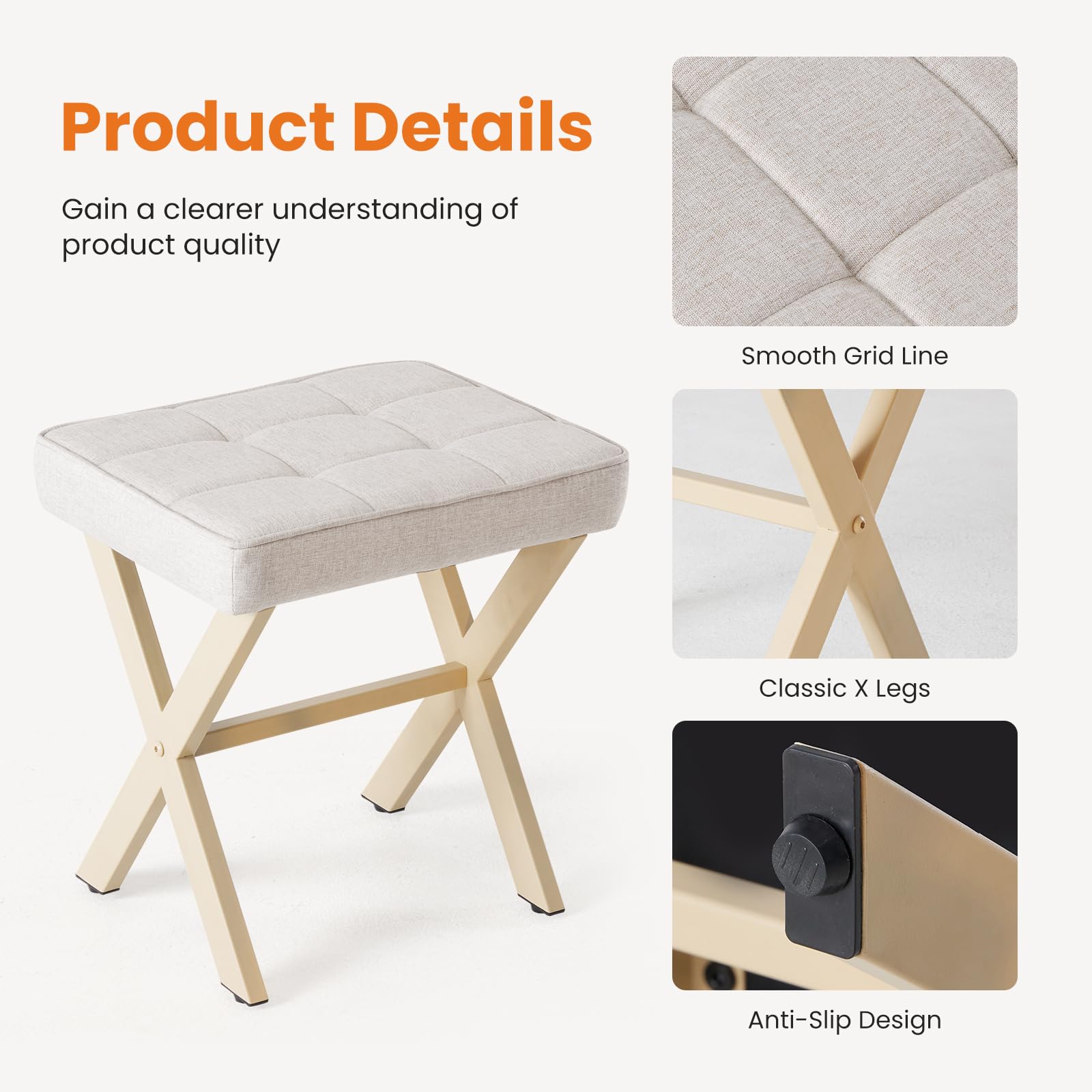 Sweetcrispy Vanity Stool Ottoman, Square Linen Makeup Stool Metal X Legs, Small Footstool Chair for Vanity, Modern Padded Seat Foot Rest for Makeup Room, Bathroom,Living Room, Entryway, Beige