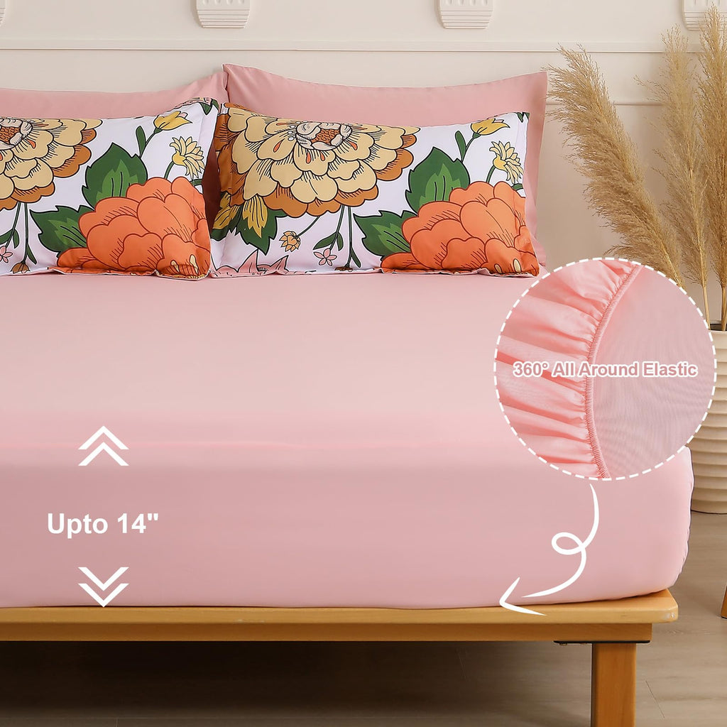 Djoymock Floral Comforter Set, Pink Orange Bedding Set Queen Size 7 Piece Boho Chic Flower Bed in a Bag Revesible Microfiber Winter Down Alternative Bed Set with Pillowcases & Shams,Sheets