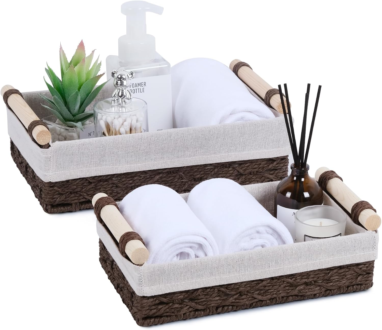 Wicker Storage Basket - Decorative Paper Rope Baskets with Wooden Handle | 2-Pack, Brown for Home & Office Organization